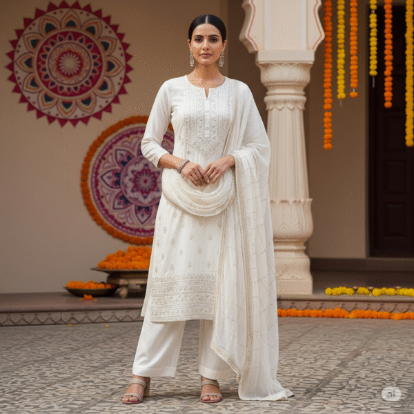 New Design Women White Ethinc Kurti